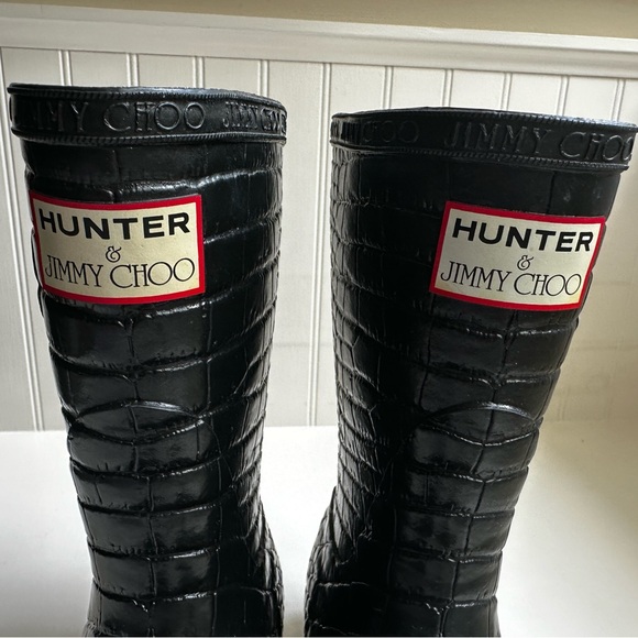 Hunter & Jimmy Choo Crocodile Embossed Rubber Rain Boots Black Size 8M - Picture 7 of 8